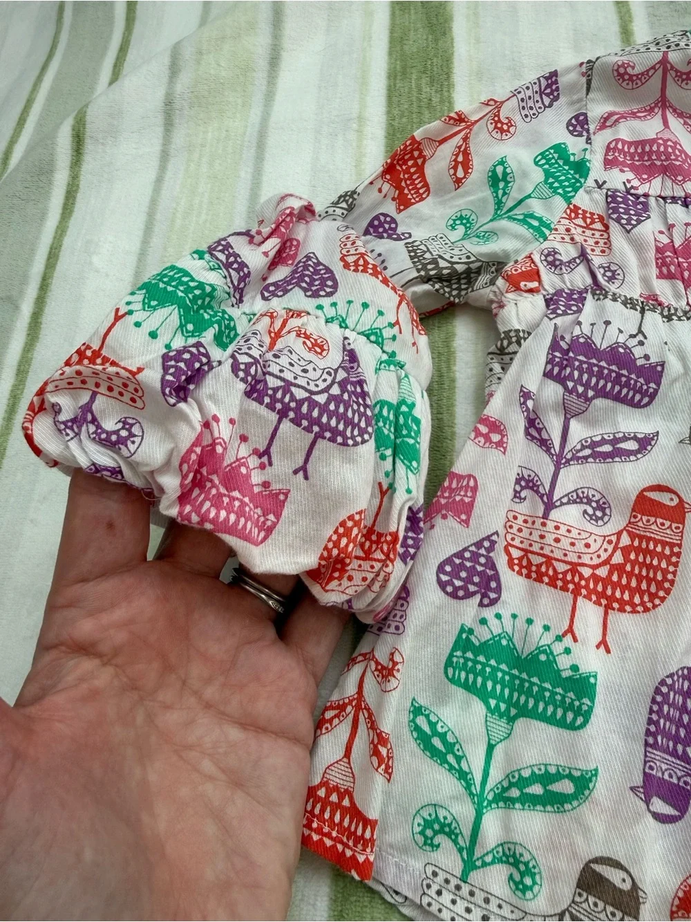 Old Navy White Peasant Top with Multicolor Bird & Flower Print